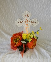 Ceramic Light Up Cross w/ Orange Silk Peonies 