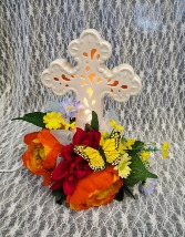 Ceramic Light Up Cross with Silk Flowers 