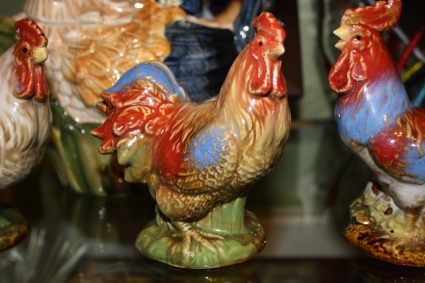 Hen and Rooster Pair in French Blue or White Glaze 