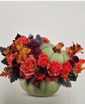 Ceramic Sage Green Pumpkin Fall Flowers