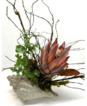 Ceramic Seashell with Faux Botanicals & Protea 