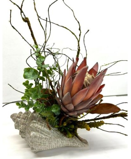 Ceramic Seashell with Faux Botanicals & Protea 