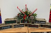 Chalkboard box w/ saying Fresh arrangement