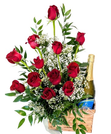 Champagne and Roses Basket arrangement  in Coral Springs, FL | Hearts & Flowers of Coral Springs