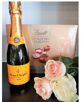 ROMANTIC CHAMPAGNE TRIO Veuve Cliquot French Champagne, Chocolate and roses