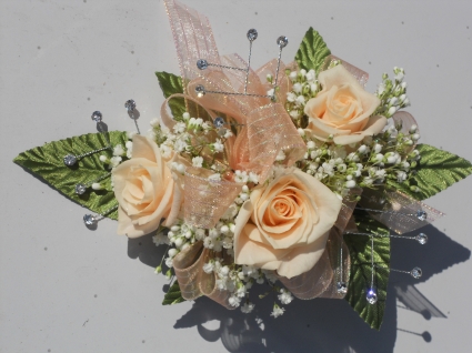 Champagne Roses with Peach Ribbon & Rhinestones