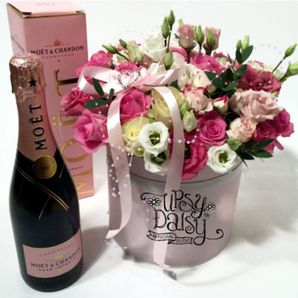 Champgne and Boxed Flowers Gift Baskets
