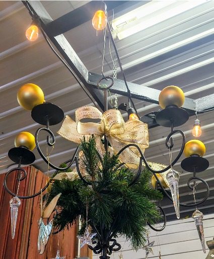 Chandelier with Greens, Bow, and Ornaments 