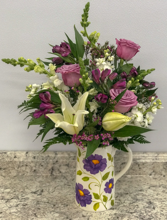 Charming Garden Pitcher Fresh Arrangement
