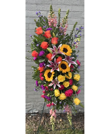 Cheerful Tribute Spray Standing Spray in New Castle, IN | WEILAND'S FLOWERS