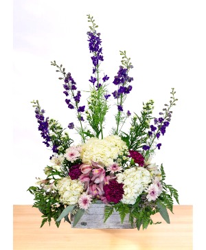Cherished: Purple and White  Wooden Box Arrangement