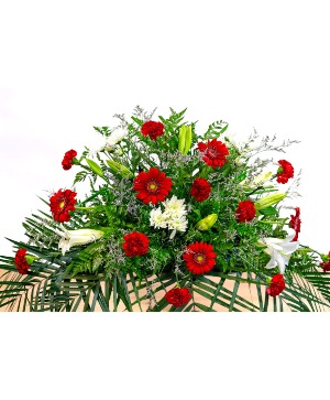 Eternal: Red Gerber and White  Casket Spray