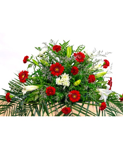 Eternal: Red Gerber and White Casket Spray