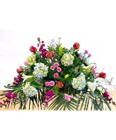 Cherished: Purple, Blue and White Casket Spray