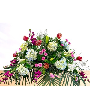 Cherished: Purple, Blue and White Casket Spray