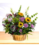 Cherished: Purple, Gold and White Basket Arrangement