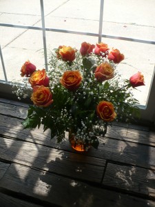 Cherry Brandy Roses Designed in bronze glass and Babies Breath 18