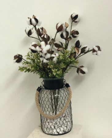 Chicken wire vase with cotton Silk Arrangement