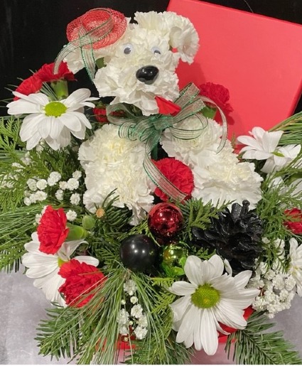 CHRISTMAS PUPPY IN RED GIFT BOX Fresh Flowers