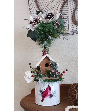 Christmas Cardinal Birdhouse Artificial Arrangement
