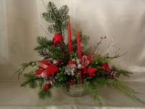  Cardinal With Pine Arrangement (local delivery only)