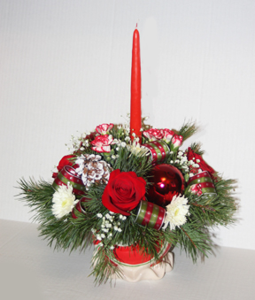 Christmas Centerpiece Christmas arrangement in ceramic dish. Containers may vary.