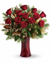 Christmas Dozen Roses in Red Vase 