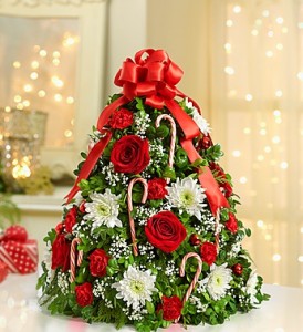 Christmas Boxwood Tree With Ribbons Flowers and Candy