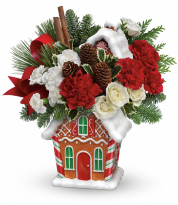  Gingerbread house arrangement Christmas flowers in Joshua, TX | Ambar Tree Florist