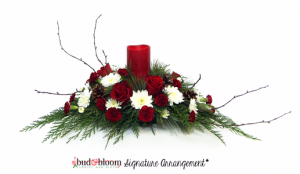 Christmas Glow with scented LED Pillar Candle Bud & Bloom Signature Arrangement in Mooresville, IN | BUD AND BLOOM FLORIST AND GIFTS Christmas Glow with scented LED Pillar Candle Bud & Bloom Signature Arrangement in Mooresville, IN | BUD AND BLOOM FLORIST AND GIFTS
