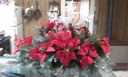 Christmas Grave Saddle fresh pine with silk flowers and pinecones
