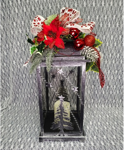 Christmas Lantern w Silk Poinsettia 