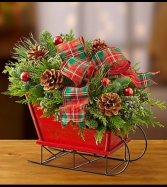 Christmas Sleigh with Fresh Evergreens Arrangement