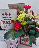 Christmas Tin Container  Floral Bouquet
