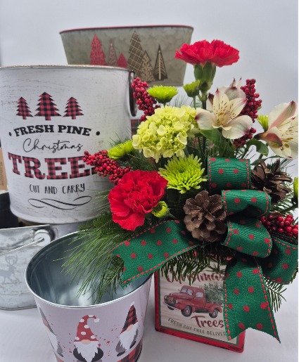 Christmas Tin Container  Floral Bouquet