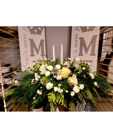 Christmas white out centerpiece in Windsor, ON | K. MICHAEL'S FLOWERS & GIFTS