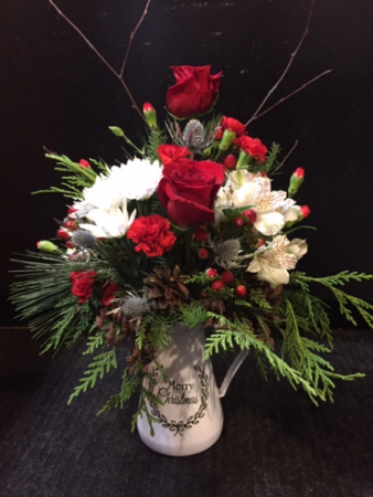 Christmas White Pitcher Fresh Flowers