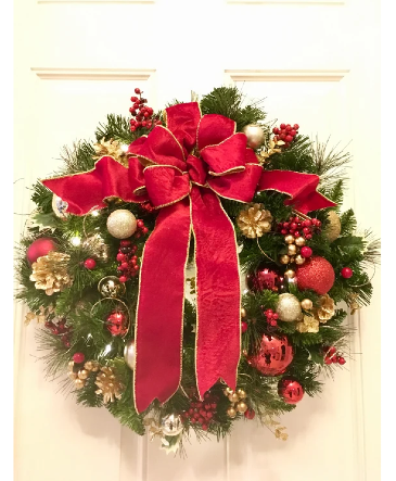 Christmas Wreath with assorted decorations in Plum, PA | FOREVER GREENE FLOWERS INC.