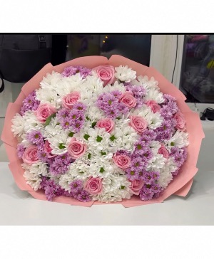 CHRYSANTHEMUM  Daisy Pom Poms and roses Large hand tied bouquet paper wrapped 
