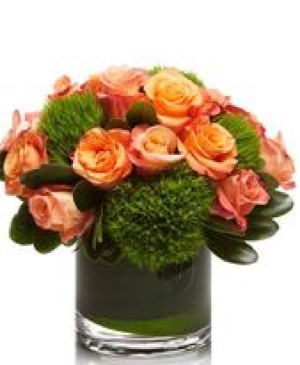 Citrus Splash Orange Roses • Verdant Green Dianthus • Seasonal Greens • Cylinder Glass Vase