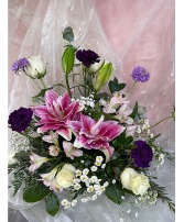 Class Act Roselilies with roses and moon carnations