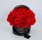 50 Red Roses in Black hat box