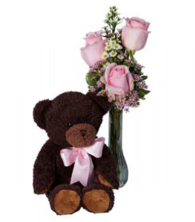 Classic Bud Vase Roses with Teddy 