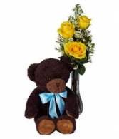 Classic Bud Vase Roses with Bear Yellow Roses