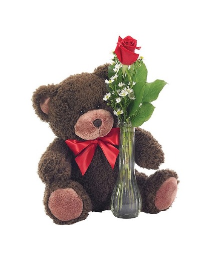 Classic Bud Vase Roses With Teddy Bear Floral Arrangement