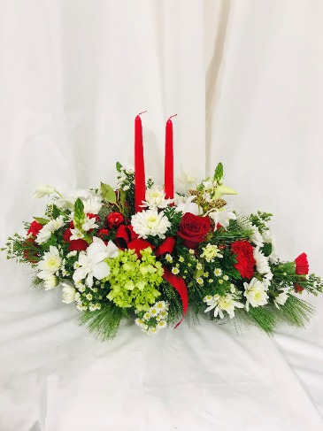 Classic Centerpiece with candles Christmas in Medfield, MA | Lovell's Florist, Greenhouse & Nursery