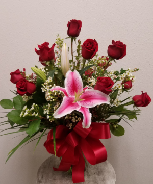 Classic Doz Roses with filler and Stargazer Lily Vase Arrangement - All Around