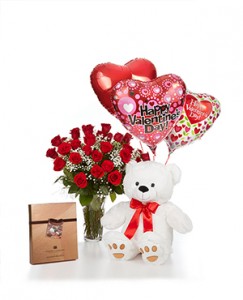 Classic Dozen Combo One Dozen Roses, Large Bear, Premium Harry London Chocolates and Ballons