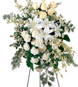 Classic Elegance all white standing spray in Northport, NY | Hengstenberg's Florist
