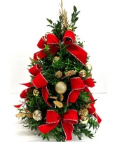 Classic Red Velvet Ribbon Boxwood Tree  